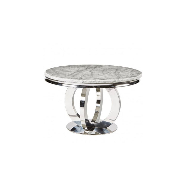 Oracle 130cm Round Grey Marble Dining Table & 4 Lewis Silvery Grey Lion Knocker Chairs