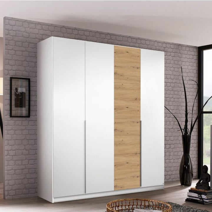Rauch Bellezza High Gloss White and Artisan Oak 4 Door Hinged wardrobe
