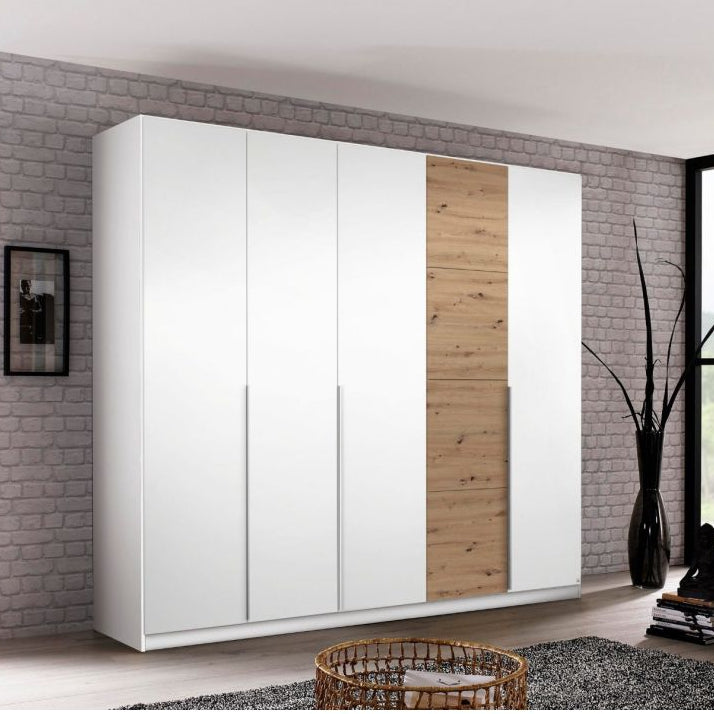 Rauch Bellezza High Gloss White and Artisan Oak 5 Door Hinged wardrobe
