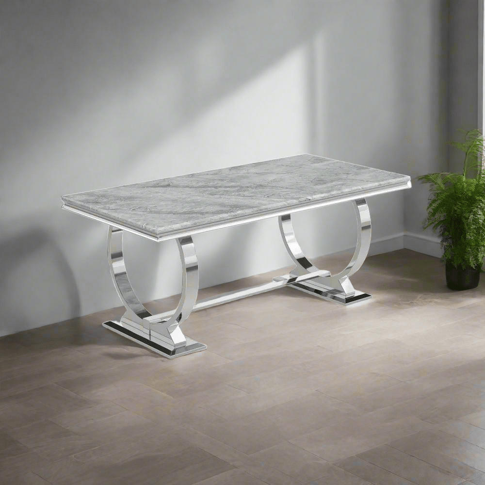 2M Grey Marble Dining Table with Six Velvet Knockerback Chairs