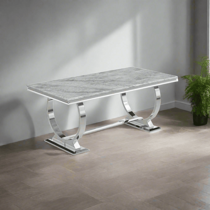 2M Grey Marble Dining Table with Six Velvet Knockerback Chairs