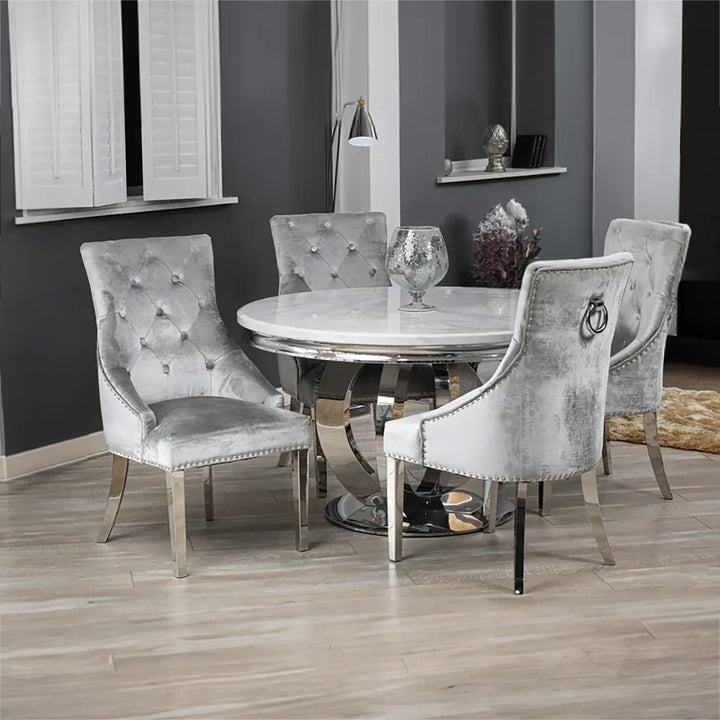 Chelsea Round White Marble Dining Table with 4 Belvedere Chairs