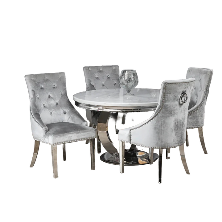 Chelsea Round White Marble Dining Table with 4 Belvedere Chairs