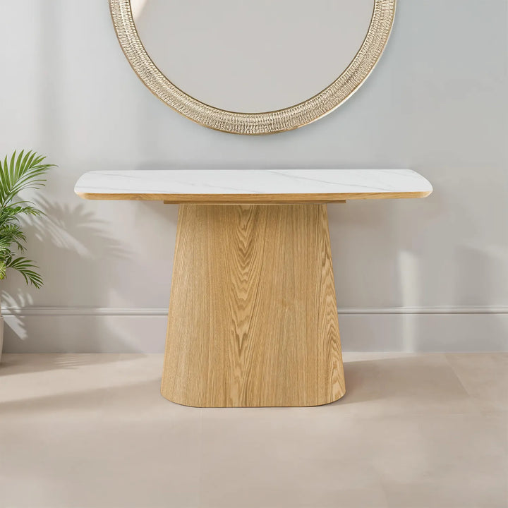 Aurora Marble Ceramic Console Table with Radial Oak Foundation