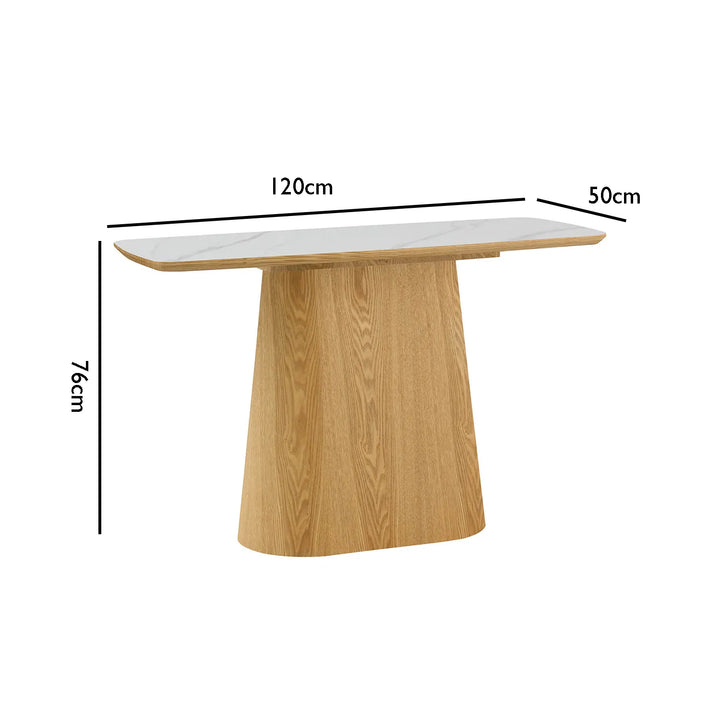 Aurora Marble Ceramic Console Table with Radial Oak Foundation
