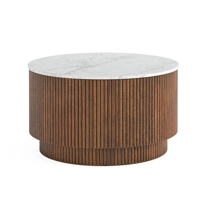 Ribbed Mango Wood Round Coffee Table with Natural Marble Top