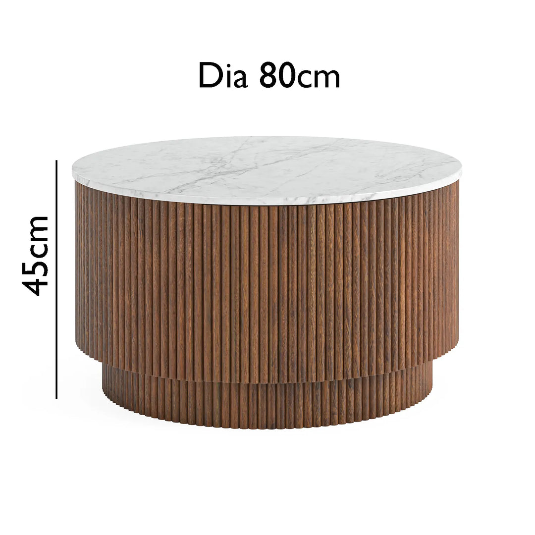 Ribbed Mango Wood Round Coffee Table with Natural Marble Top