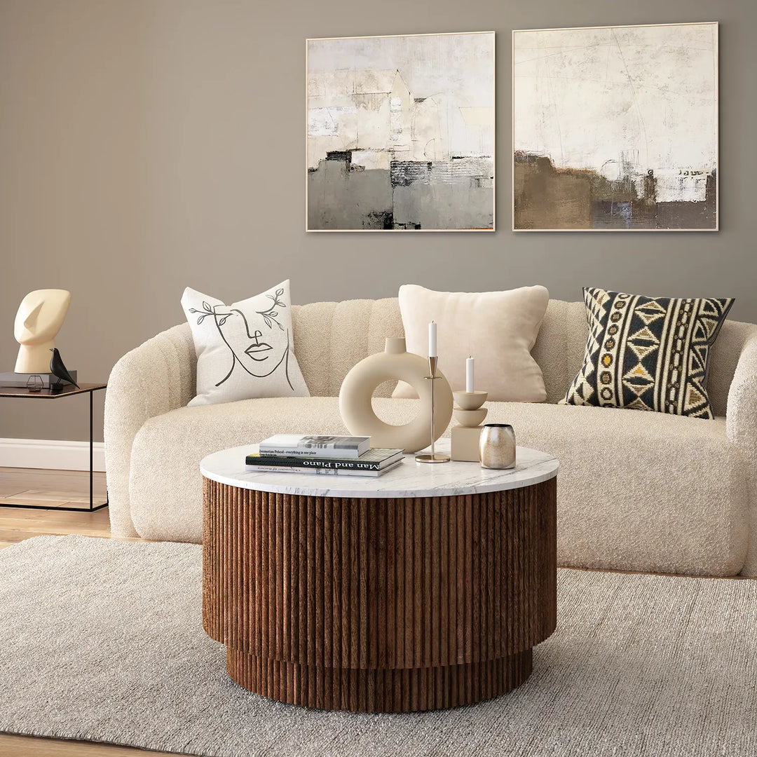 Ribbed Mango Wood Round Coffee Table with Natural Marble Top
