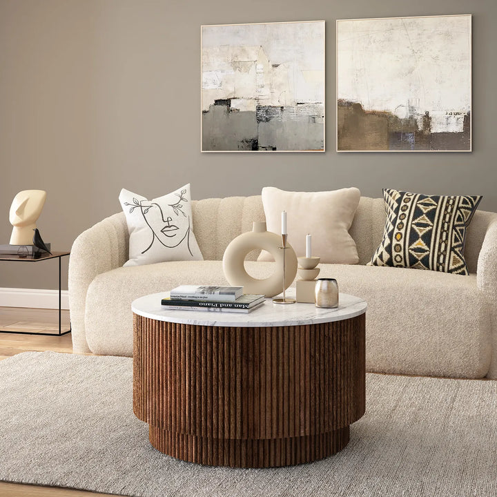 Ribbed Mango Wood Round Coffee Table with Natural Marble Top