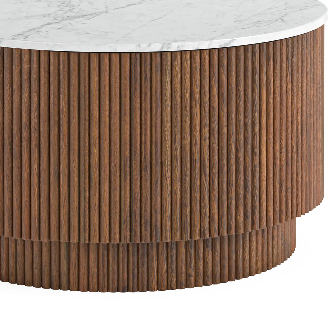 Ribbed Mango Wood Round Coffee Table with Natural Marble Top