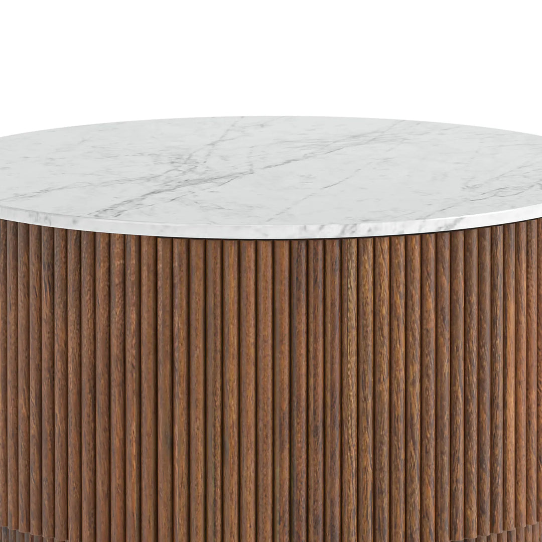 Ribbed Mango Wood Round Coffee Table with Natural Marble Top