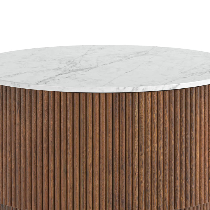 Ribbed Mango Wood Round Coffee Table with Natural Marble Top