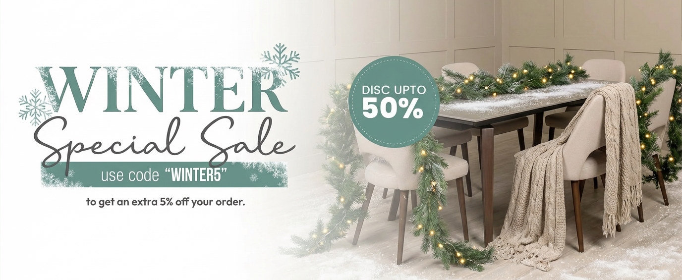 Dining room with Christmas decorations and a winter sale banner on the left.