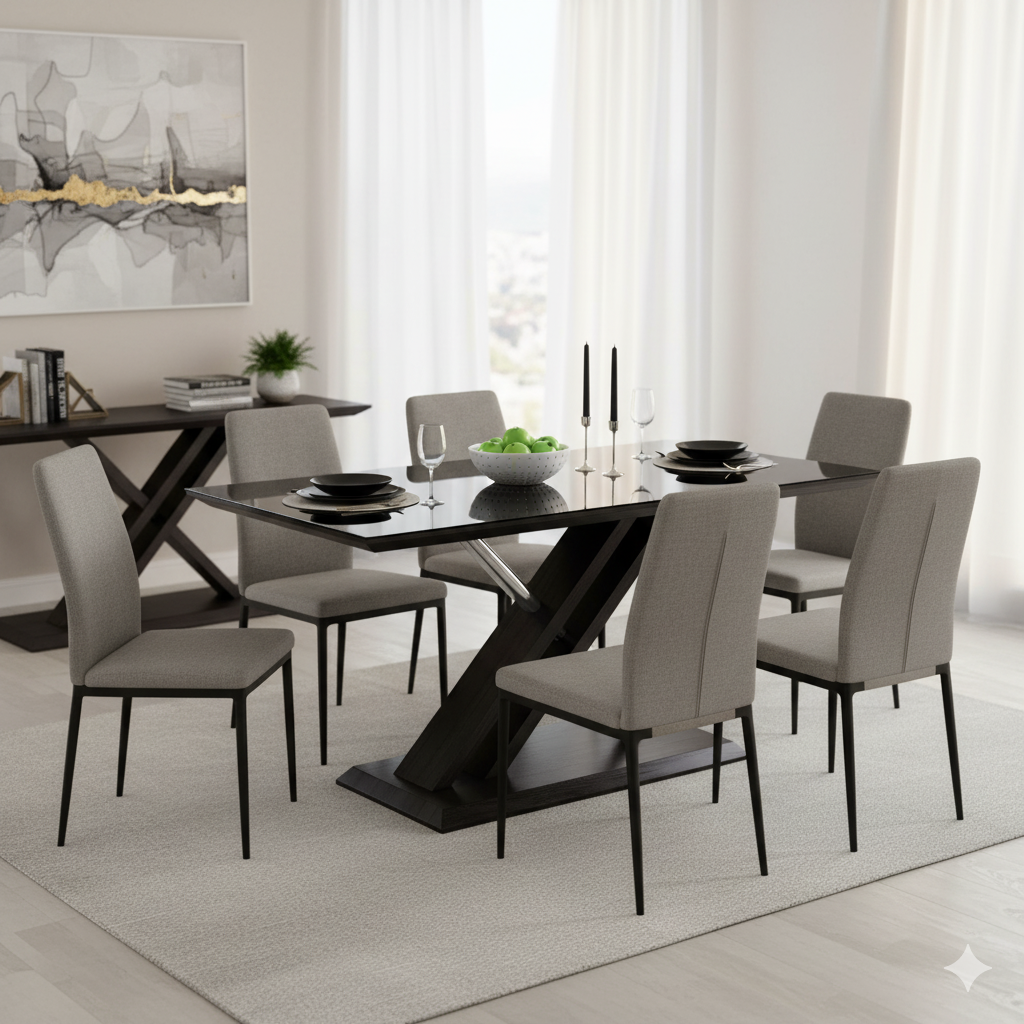 160cm Modern Dining Table with Black Glass Top & X-Base