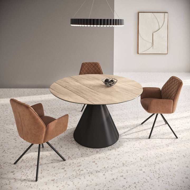 Alonzo Oak Effect Ceramic Extending Round Dining Table with 4 Lina Chairs