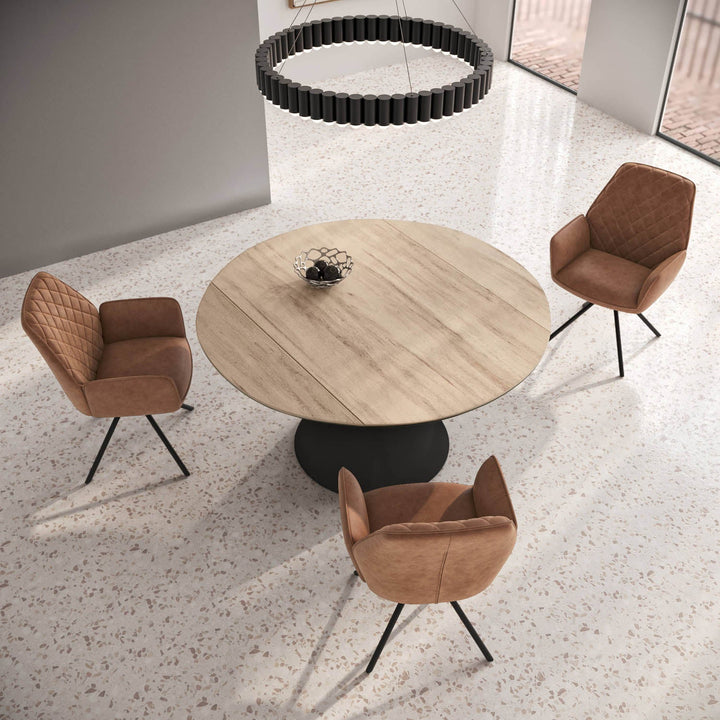Alonzo Oak Effect Ceramic Extending Round Dining Table with 4 Lina Chairs