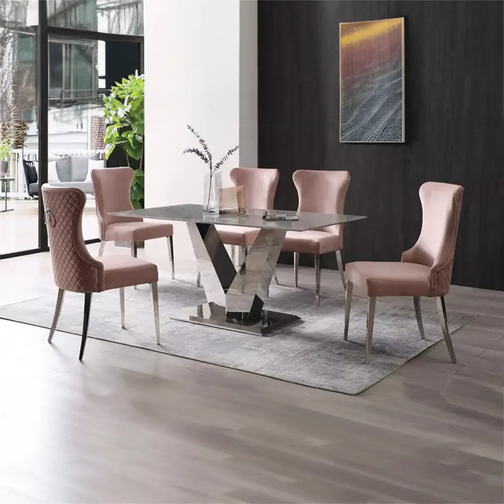 Chic Grey Marble Dining Suite with 4 Diamond-Stitched Pink Chairs