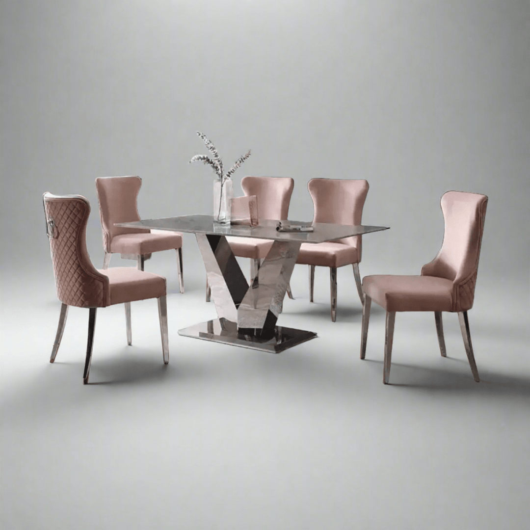 Chic Grey Marble Dining Suite with 4 Diamond-Stitched Pink Chairs