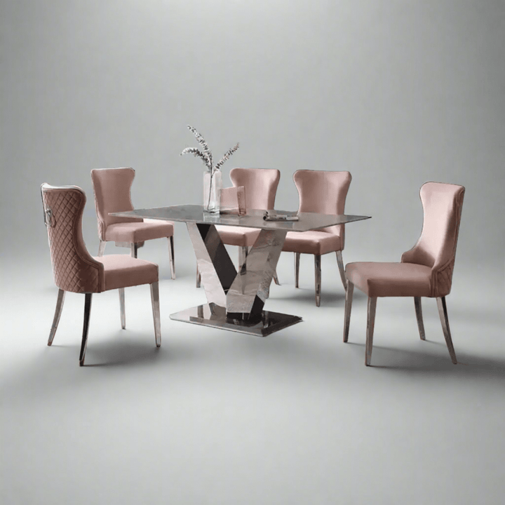 Chic Grey Marble Dining Suite with 4 Diamond-Stitched Pink Chairs