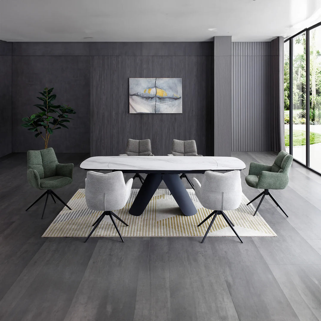 Cameo Dining Table with 4 Perla Carver Swivel Chairs
