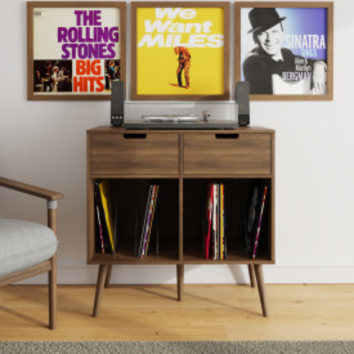 Walnut Turntable  Stand with Dual Storage Drawers