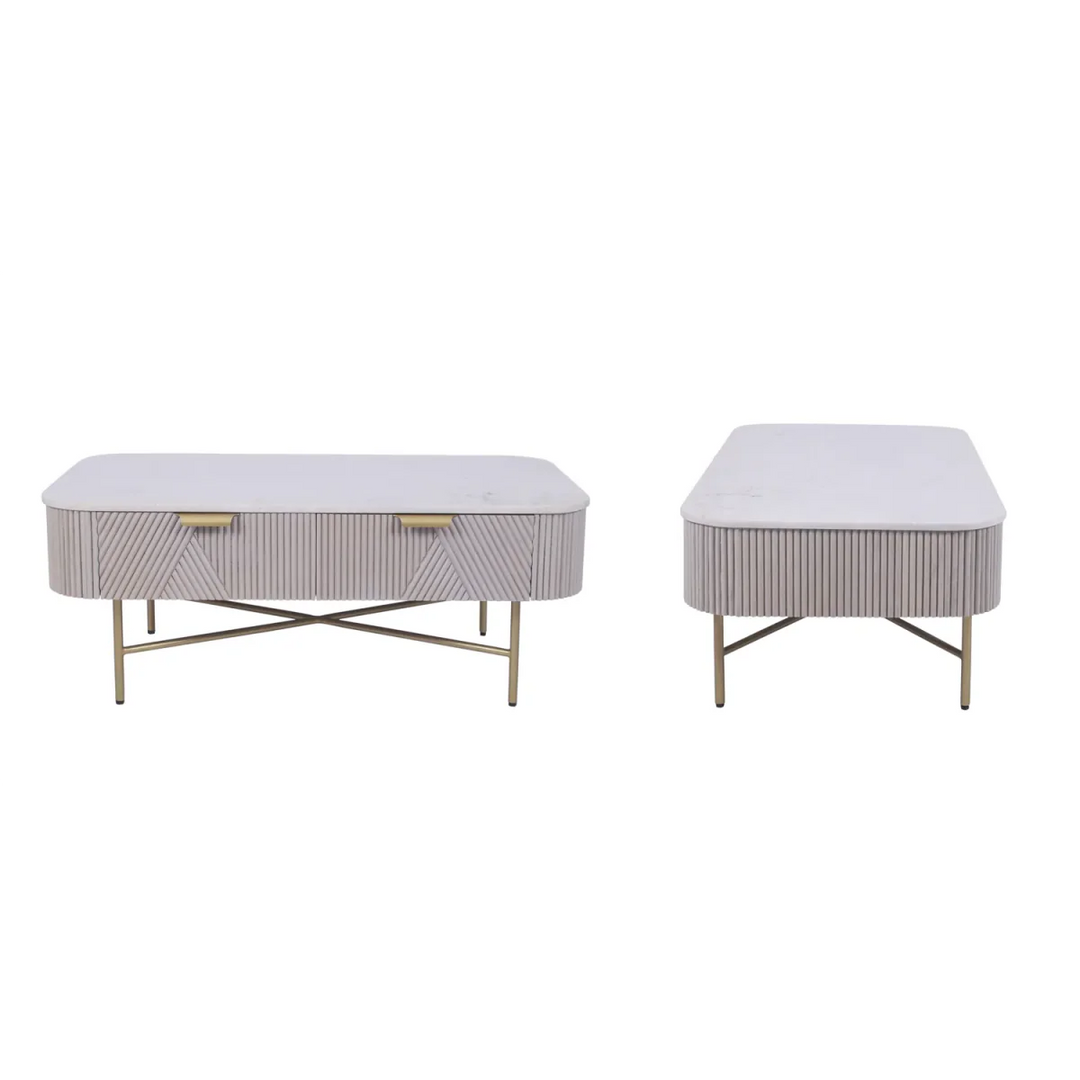 Marble Top Coffee Table with Fluted Mango Wood Drawers
