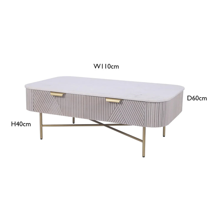 Marble Top Coffee Table with Fluted Mango Wood Drawers