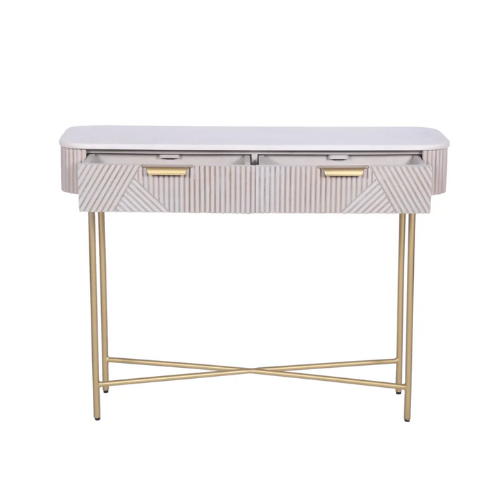Fluted Mango Wood Console with White Marble Top