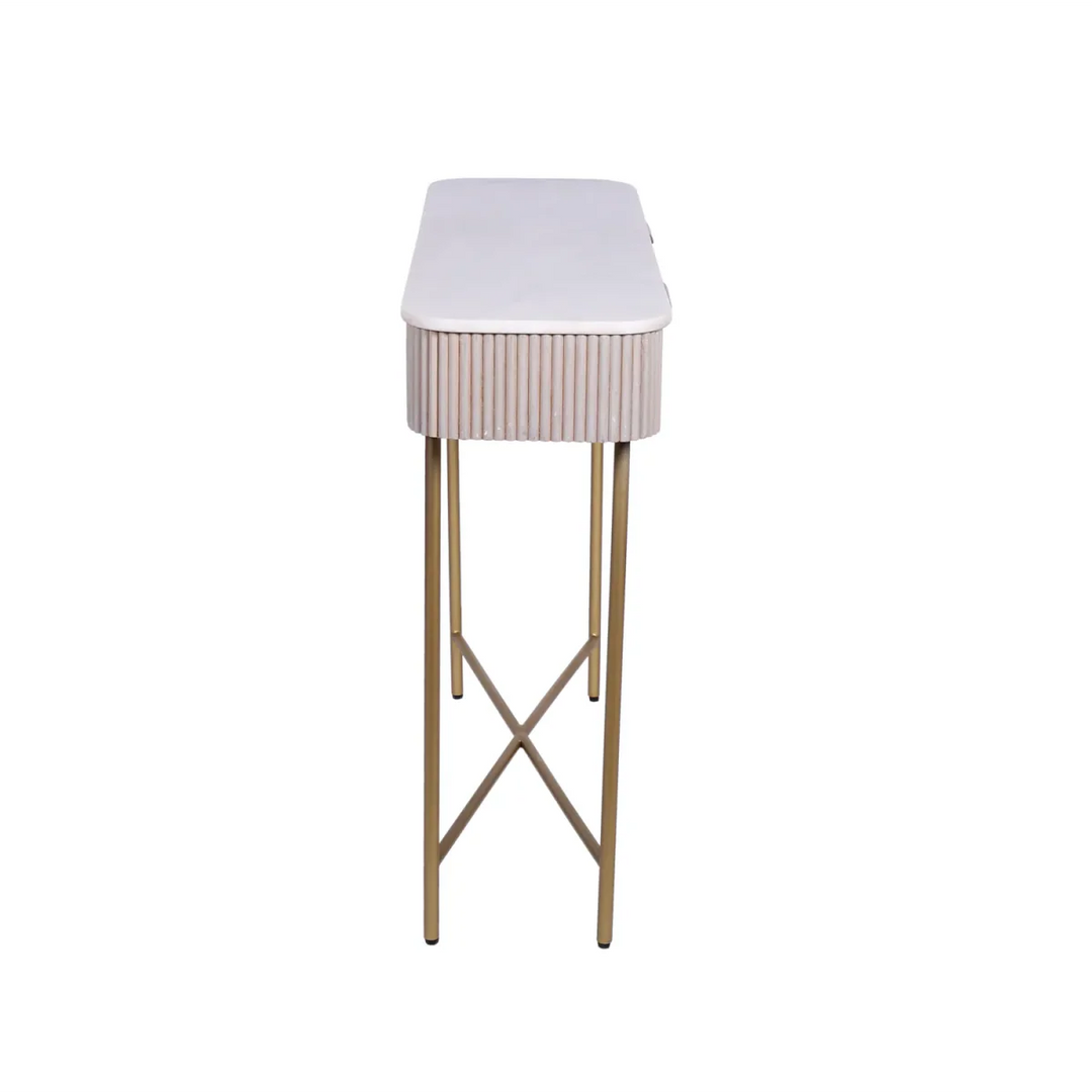 Fluted Mango Wood Console with White Marble Top