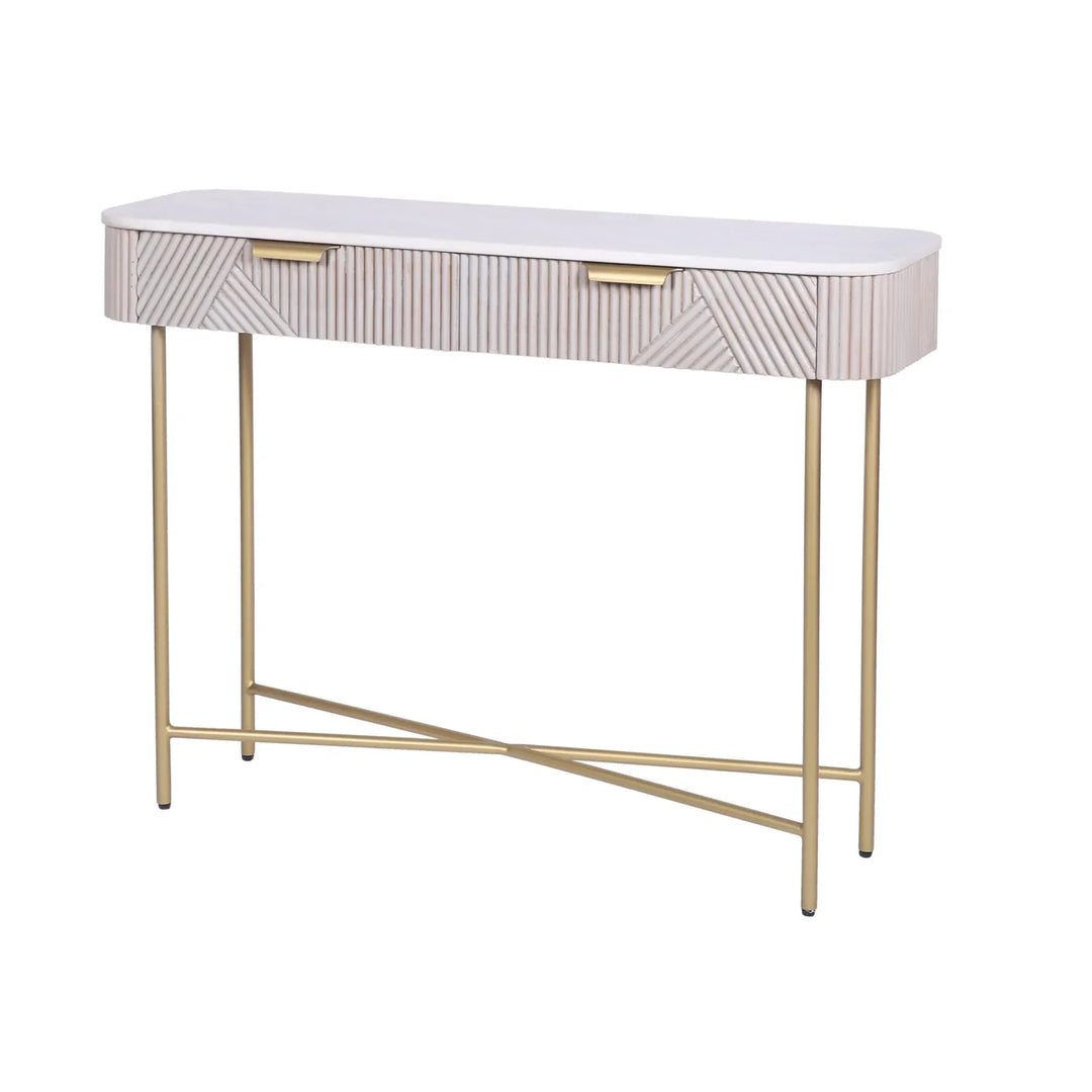 Fluted Mango Wood Console with White Marble Top