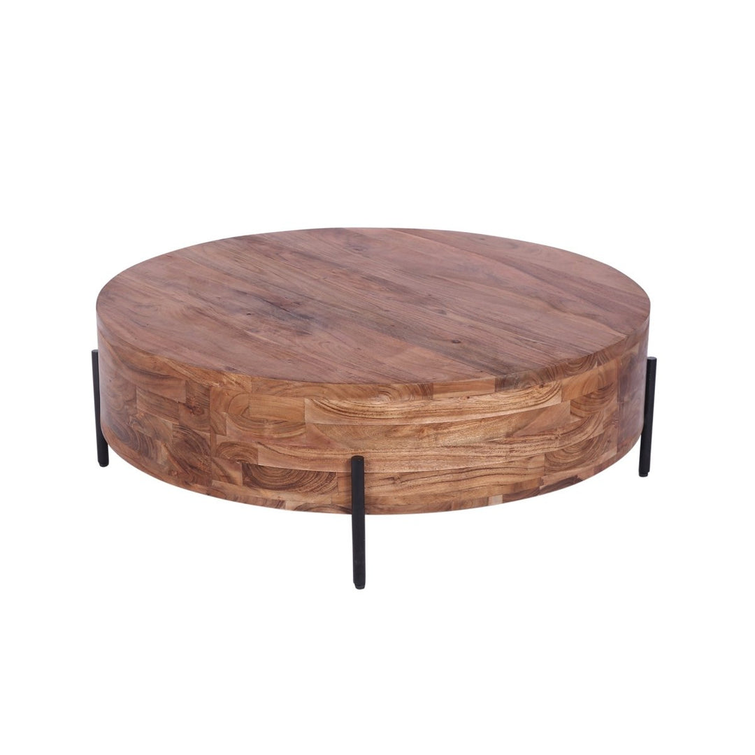 Modern Industrial Round Coffee Table - Natural Acacia Wood
