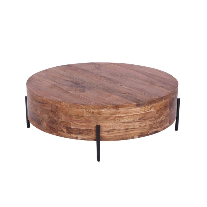 Modern Industrial Round Coffee Table - Natural Acacia Wood