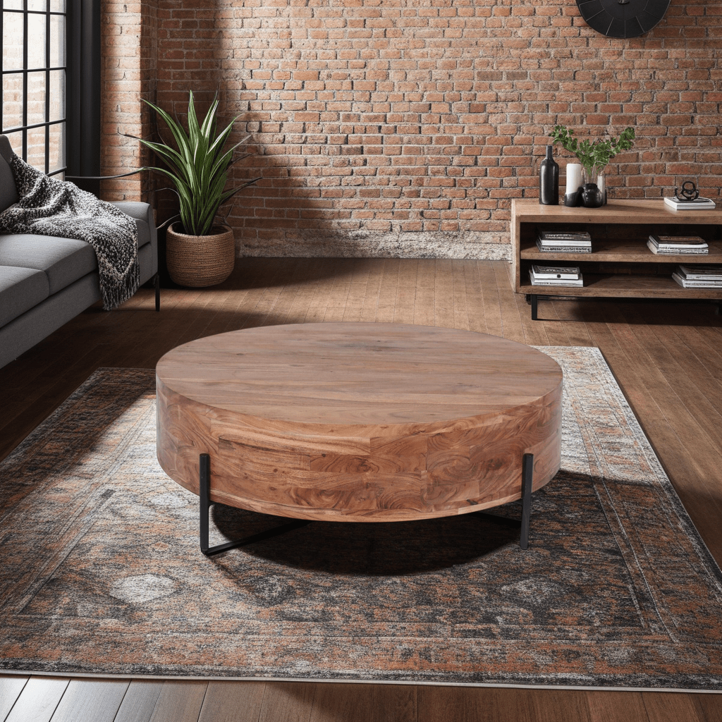 Modern Industrial Round Coffee Table - Natural Acacia Wood