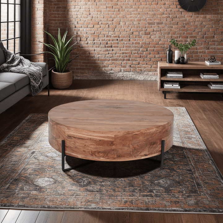 Modern Industrial Round Coffee Table - Natural Acacia Wood