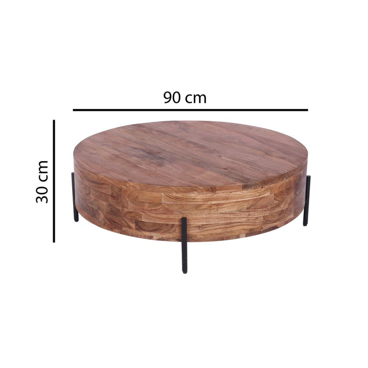 Modern Industrial Round Coffee Table - Natural Acacia Wood