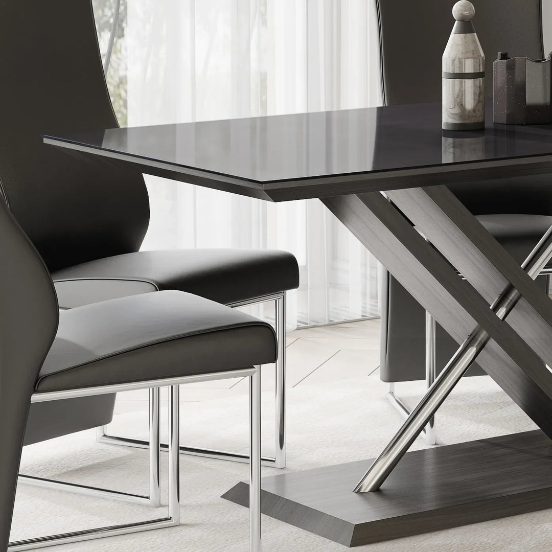 160cm Modern Dining Table with Black Glass Top & X-Base