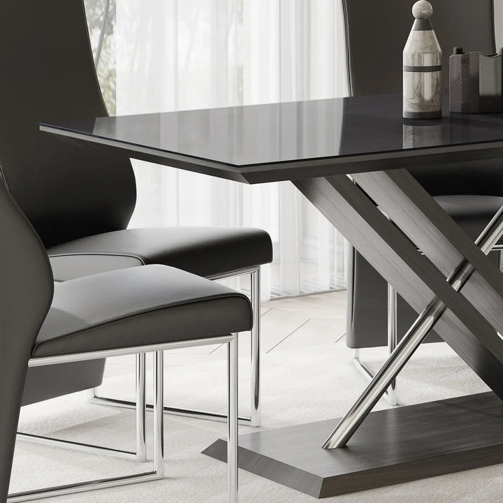 160cm Modern Dining Table with Black Glass Top & X-Base