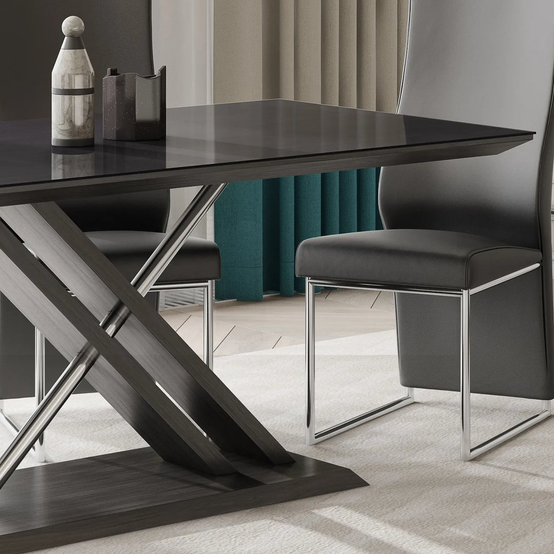 160cm Modern Dining Table with Black Glass Top & X-Base
