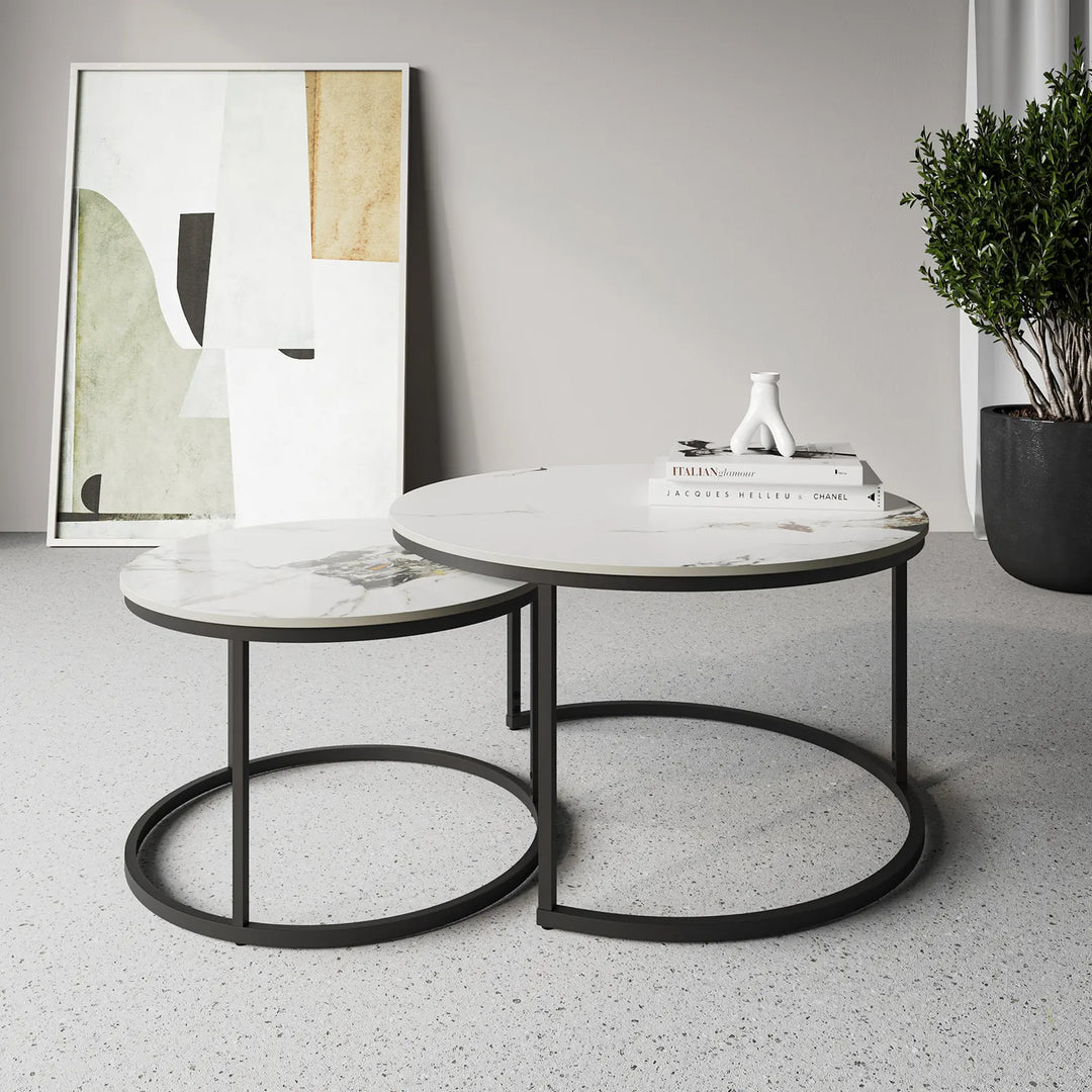 Luxury White Ceramic 2-Piece Coffee Table Set