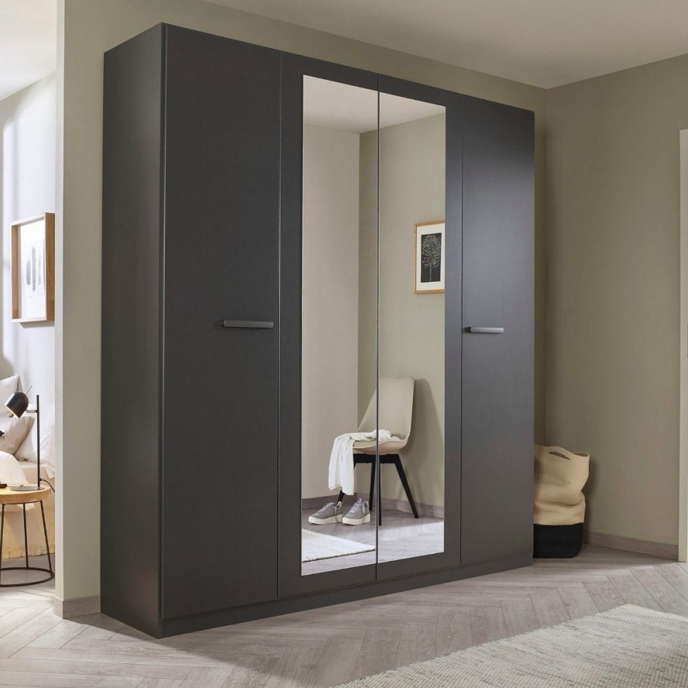 Rauch Modi Metallic Grey and Mirror Front 4 Door Hinged Wardrobe