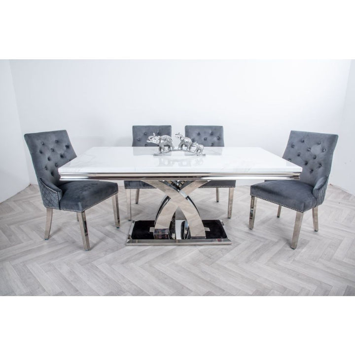 Ottavia 1.8M White Marble Dining Table with 6 Lion Knockerback Dining Chairs