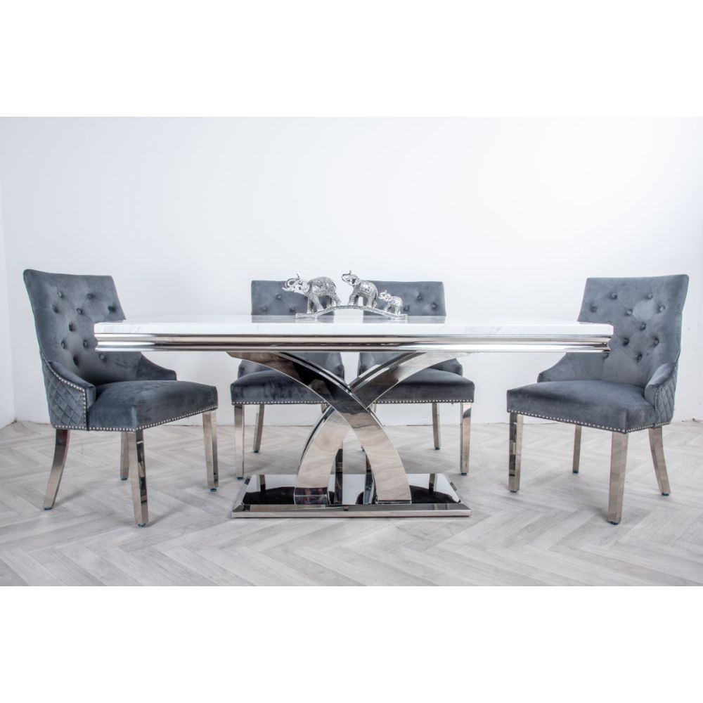 Ottavia 1.8M White Marble Dining Table with 6 Lion Knockerback Dining Chairs