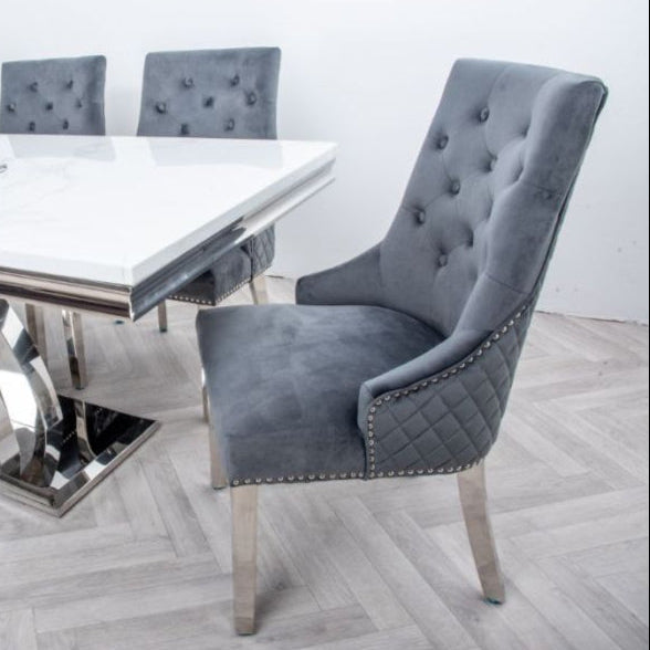 Ottavia 1.8M White Marble Dining Table with 6 Lion Knockerback Dining Chairs