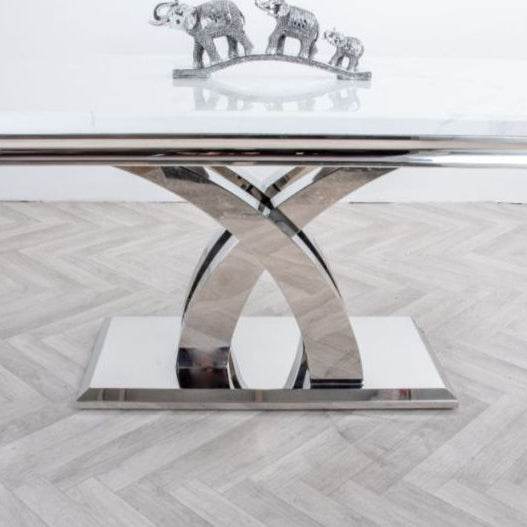 Ottavia 1.8M White Marble Dining Table with 6 Lion Knockerback Dining Chairs