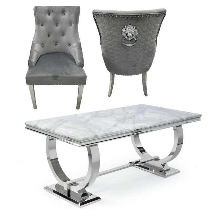 Arianna 1.8M Grey Marble Dining Table With Roma Lion Knockerback Dining Chairs