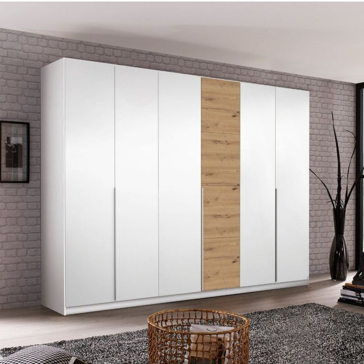 Rauch Bellezza High Gloss White and Artisan Oak 6 Door Hinged wardrobe