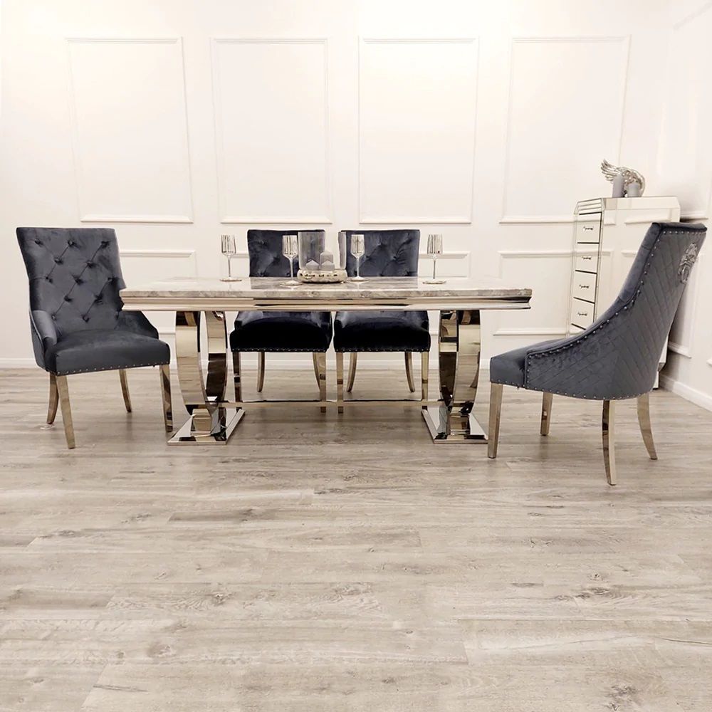 Arianna 1.8M Grey Marble Dining Table With Roma Lion Knockerback Dining Chairs