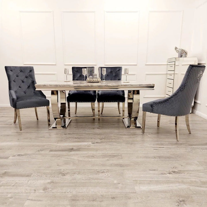 Arianna 1.8M Grey Marble Dining Table With Roma Lion Knockerback Dining Chairs