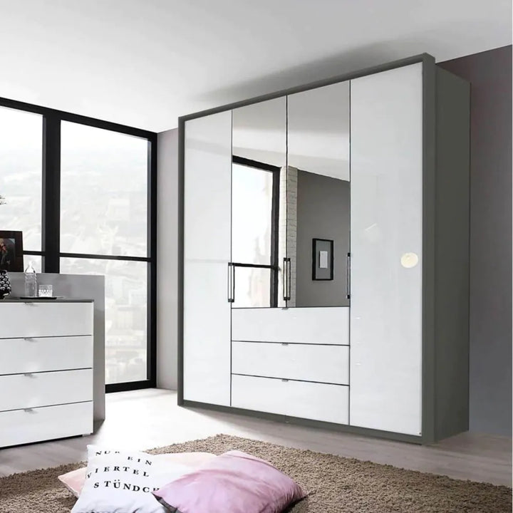 Rauch Erimo Style 1 Graphite & White Glass Bi-Folding Doors Combi Wardrobe