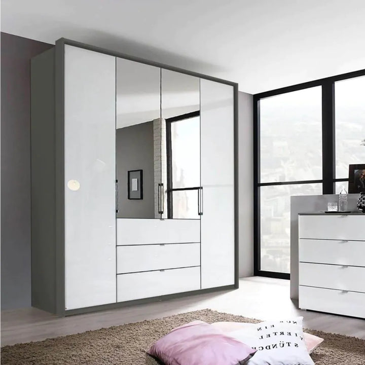 Rauch Erimo Style 1 Graphite & White Glass Bi-Folding Doors Combi Wardrobe